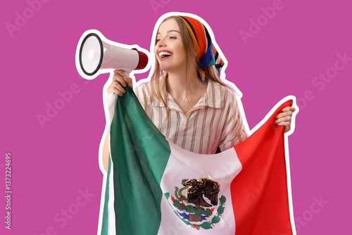 Young woman with Mexican flag shouting into megaphone on magenta background