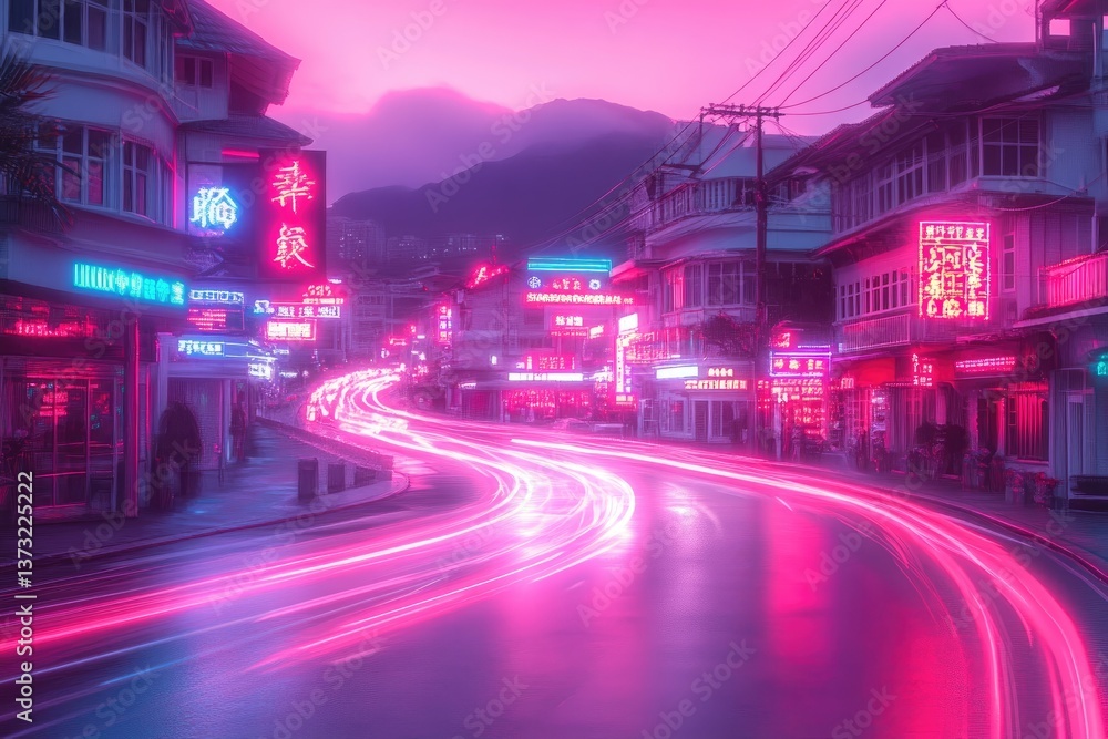 Obraz premium Neon lights illuminate a street with blurred car light trails at night under a purple sky
