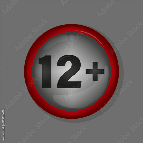 Red circle badge. 12 plus warning. Metallic gray background. Vector rating icon.