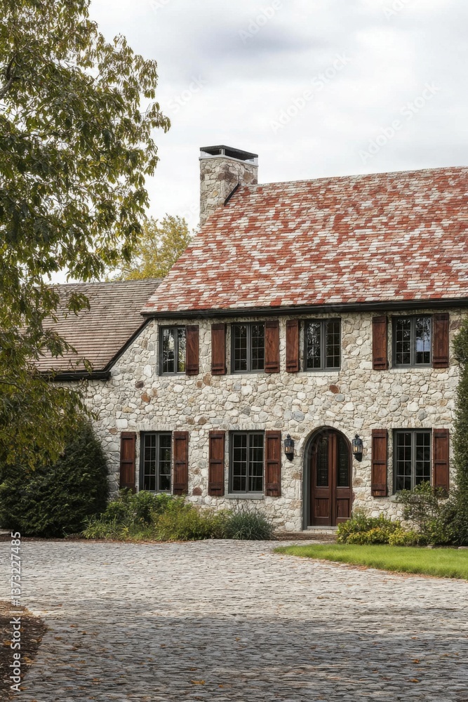 A delightful stone house featuring a rustic red roof is nestled amidst a lush green landscape, all captured on a cloudy day in early autumn A delightful stone house featuring a rustic red roof is nestled amidst a lush green landscape, all captured on a cloudy day in early autumn