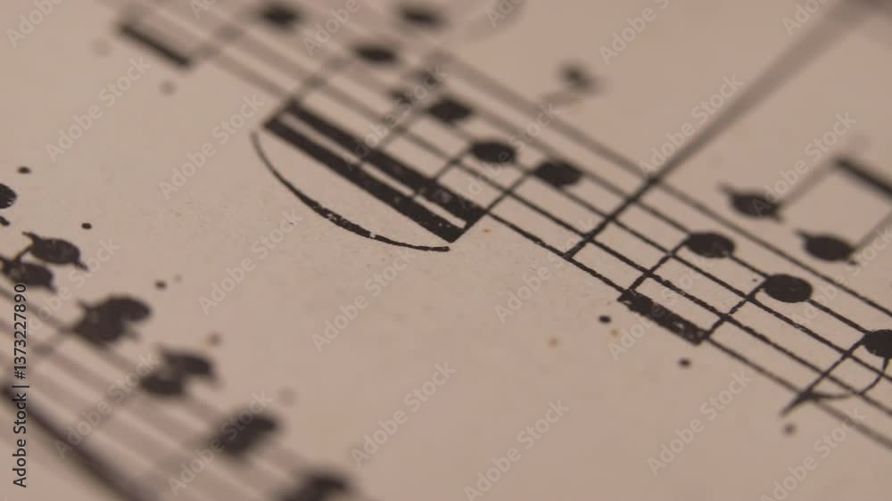 Slider macro footage of Mozart aged book with music notes sheet. Archival manuscripts, vintage musical score for piano. Educational symbols for musician