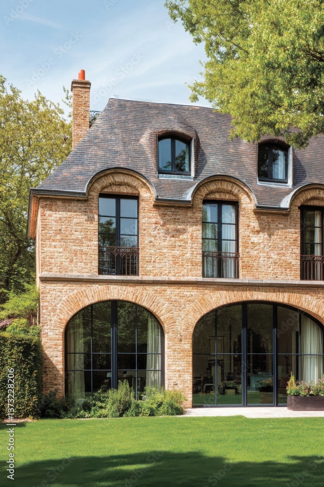 Modern brick house with unique arch windows and lush greenery surrounding it in a serene outdoor setting during bright daylight Modern brick house with unique arch windows and lush greenery surrounding it in a serene outdoor setting during bright daylight