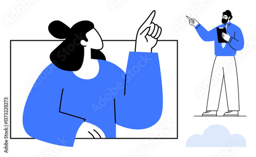 Woman raises hand with pointing gesture while man in tie explains with clipboard, illustrating teamwork, communication, leadership, decision-making, education, strategy, collaboration. Flat simple