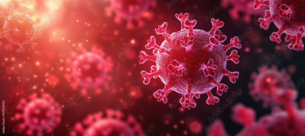 COVID-19 Virus Particles Digital Art Illustration Glowing Red Pink Background COVID-19 Virus Particles Digital Art Illustration Glowing Red Pink Background