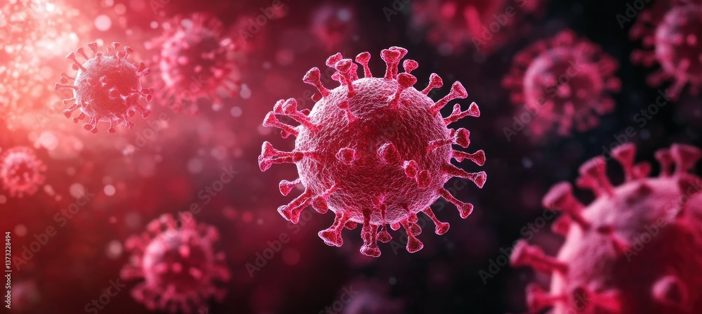 Detailed View of COVID-19 Virus Particles in Digital Art with Glowing Red and Pink Hues Detailed View of COVID-19 Virus Particles in Digital Art with Glowing Red and Pink Hues