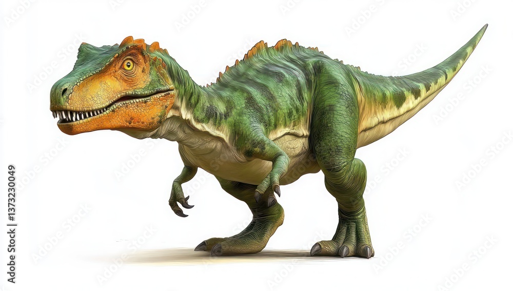 Fototapeta premium Photorealistic Green Dinosaur with Orange Highlights in Mid-Action Stance on White Background
