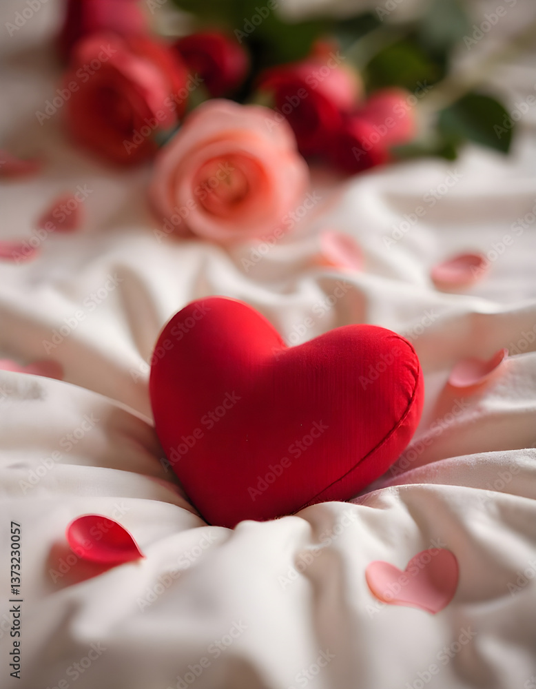 A red heart shaped pillow on a pink bed with pink rose petals and purple and green roses in the background