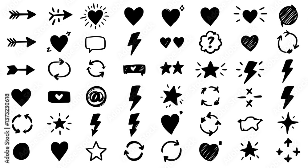 Obraz premium Artistic Icons: A collection of handcrafted, black and white icons, ranging from arrows and hearts to stars and lightning bolts, set against a clean background.
