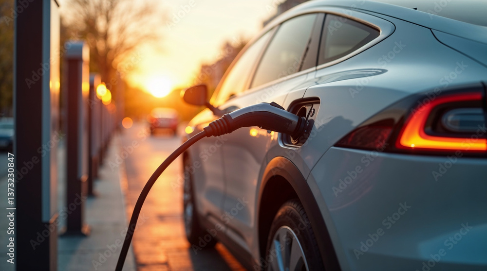 Fototapeta premium Beautiful electric car charging at a city station during sunset, showcasing sustainable transportation and modern design