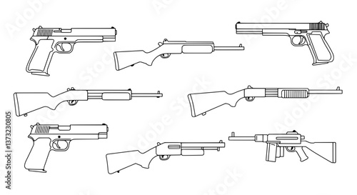 Weapons Collection: A meticulously detailed illustration showcases a collection of various weapons, each with unique characteristics, including a pistol and rifle and a gun.