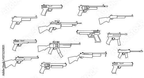 Firearms Array: A comprehensive visual catalog of various firearms. Showcasing an assortment of guns. An illustrative display highlighting diverse weapon types, drawn in a clean, artistic style.