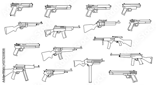 Arms and Ammunition: Collection of various firearms, handguns, and rifles in black and white, ready to use.
