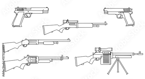 Arsenal of Weapons: A collection of detailed illustrations showcasing a variety of firearms, meticulously drawn to highlight their distinct features and design.