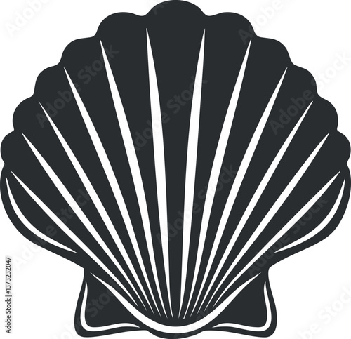 Black scallop shell silhouette for nautical and beach-themed vector designs.