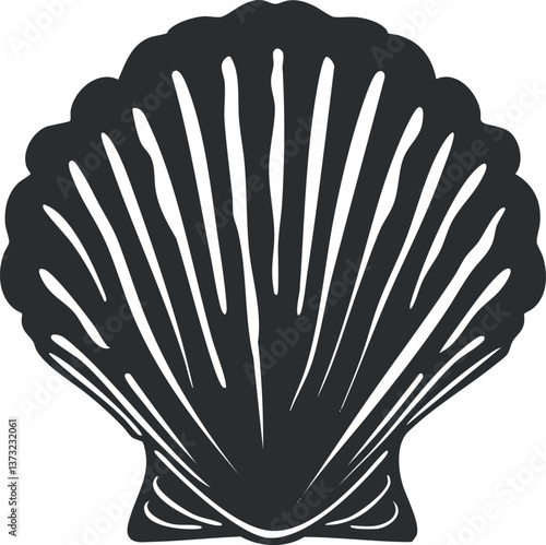 Black scallop shell silhouette vector illustration for nautical-themed designs.