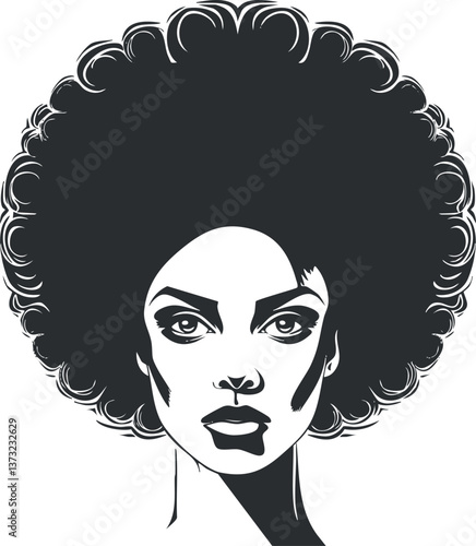 Stylized vector portrait of a woman with afro hair for modern graphic design.