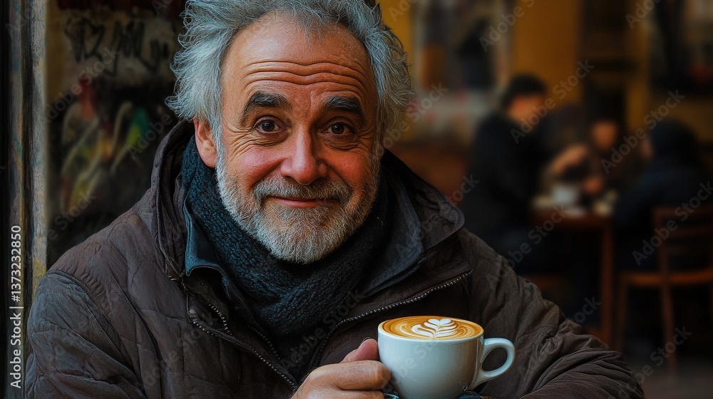 Smiling older man holding a cup of coffee with a design Smiling older man holding a cup of coffee with a design