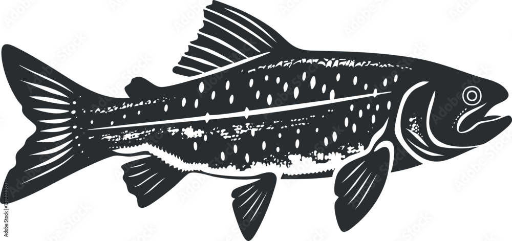 Fototapeta premium Black and white salmon vector illustration for fishing and nature-themed designs.