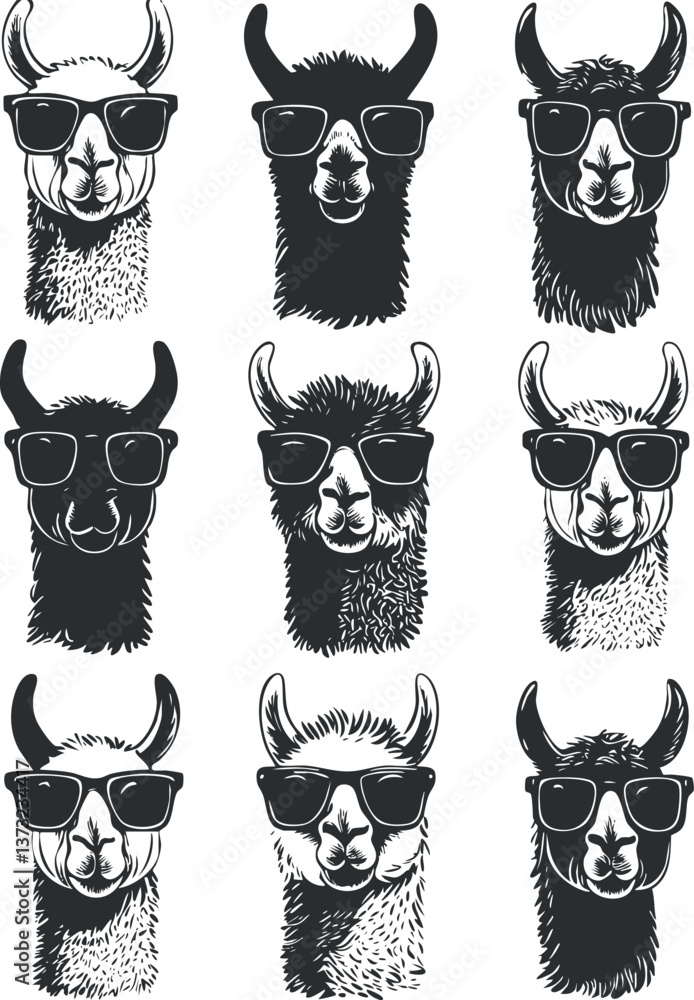 Fototapeta premium Stylish llama pattern in sunglasses for fashion and decor.