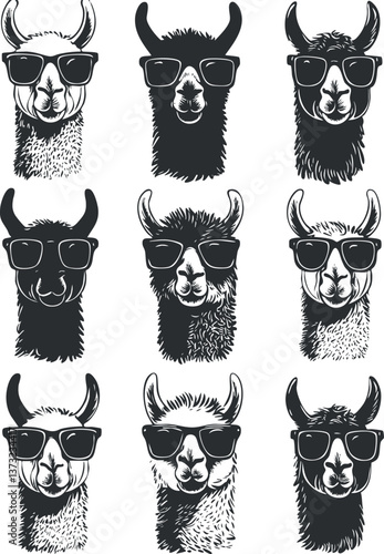 Stylish llama pattern in sunglasses for fashion and decor.