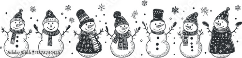 Cute snowmen with scarves and hats in a playful winter illustration pattern.