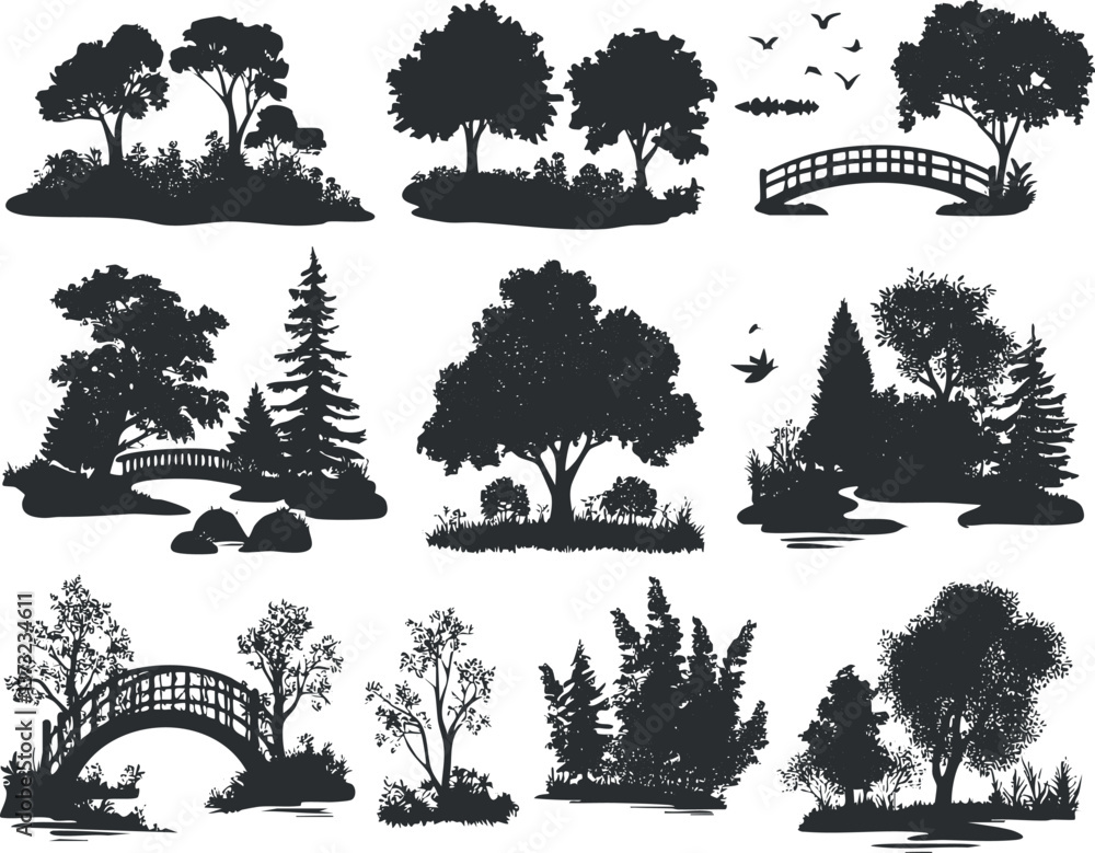 Obraz premium Silhouette of trees and bridges for nature-themed designs and tranquil scenery.