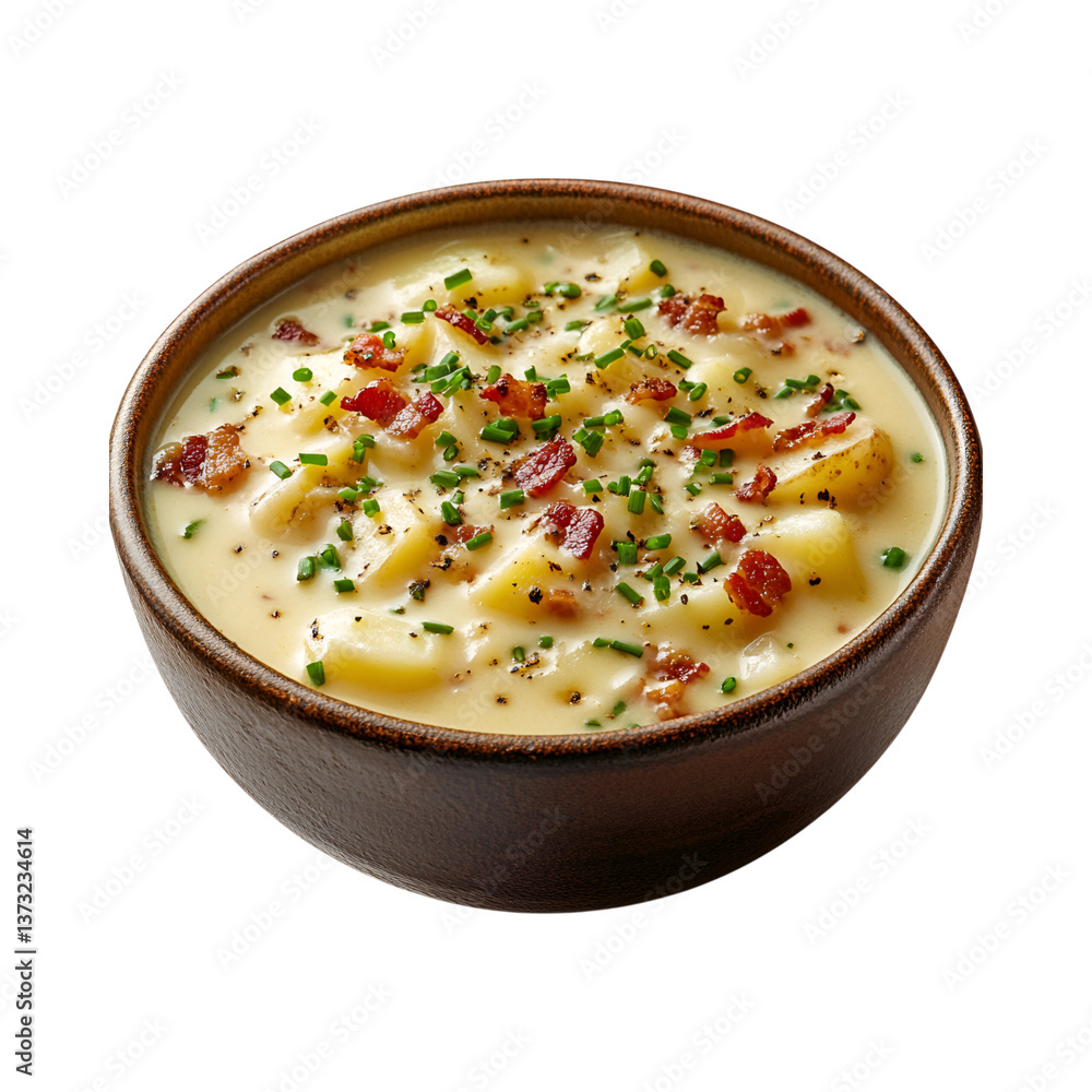 A Bowl of Creamy Potato Soup Garnished with Chives and Bacon Isolated on Transparent Background A Bowl of Creamy Potato Soup Garnished with Chives and Bacon Isolated on Transparent Background