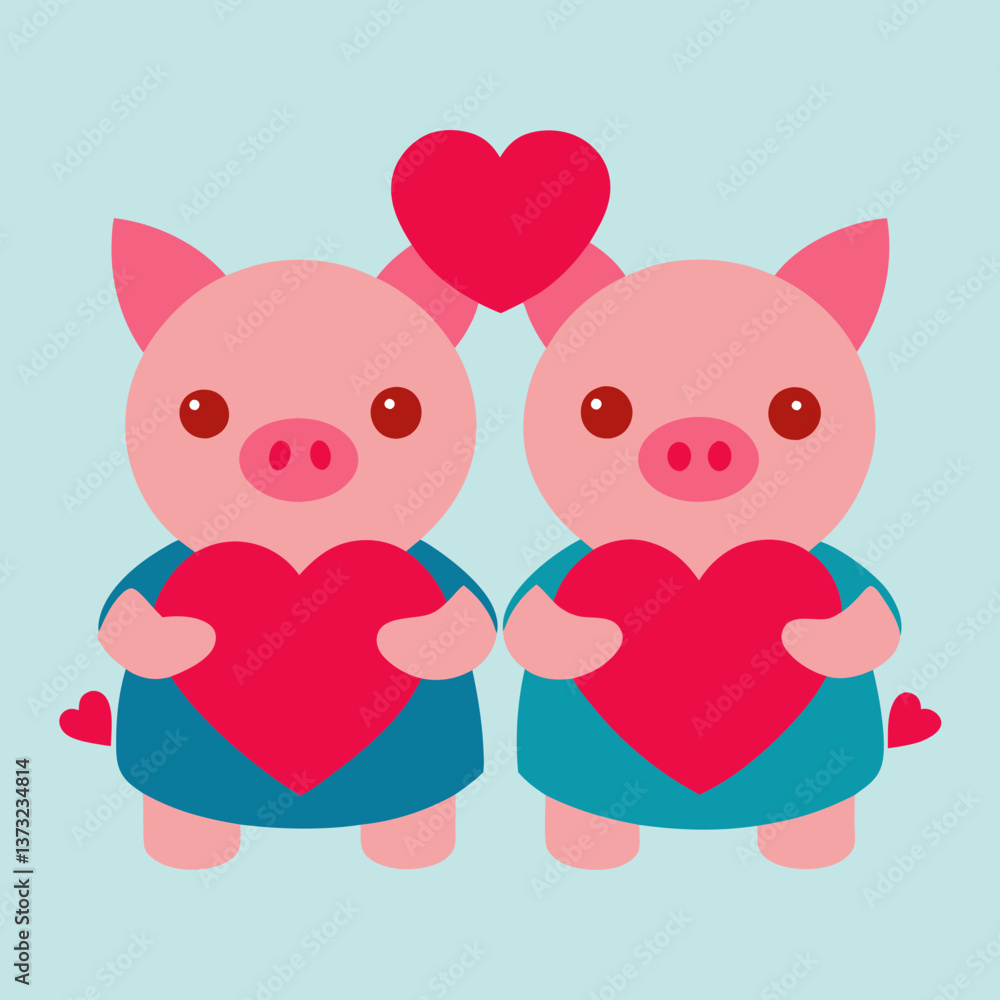 Fototapeta premium two adorable pig figurines holding hearts