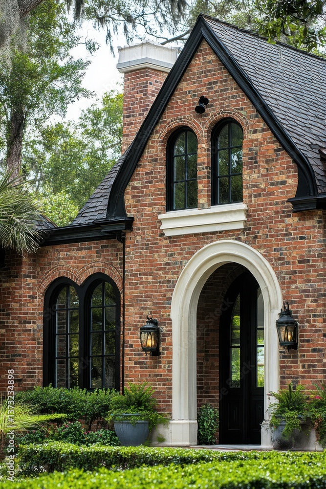 Elegant brick home with arched entrance and lush landscaping near a wooded area on a sunny day, showcasing classic architecture and modern outdoor lighting fixtures Elegant brick home with arched entrance and lush landscaping near a wooded area on a sunny day, showcasing classic architecture and modern outdoor lighting fixtures