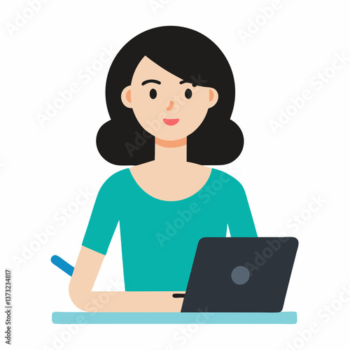 girl with laptop. image young female designer using graphics tablet
