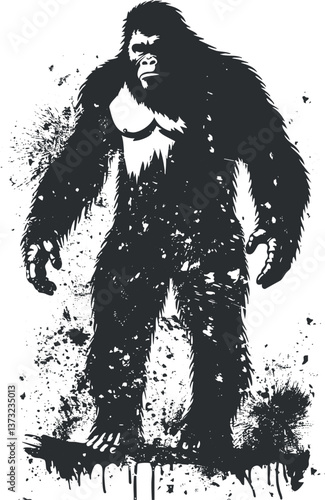 Grunge silhouette of Bigfoot for mythical and mysterious themed designs.