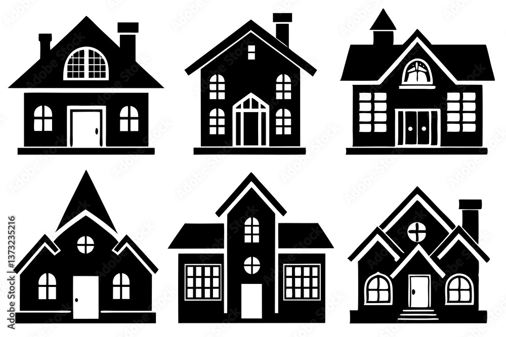 Homes silhouettes in Architecture: A collection of meticulously designed house silhouettes presents the essence of residential architecture, capturing diversity and design. Homes silhouettes in Architecture: A collection of meticulously designed house silhouettes presents the essence of residential architecture, capturing diversity and design.