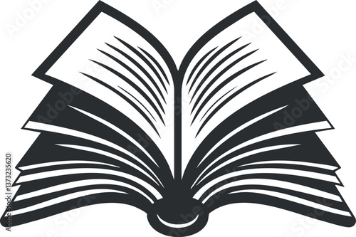 Monochrome vector illustration of an open book for educational and literary themes.