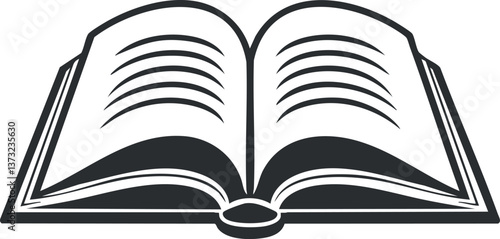 Minimalist black and white open book illustration for educational and literary themes.