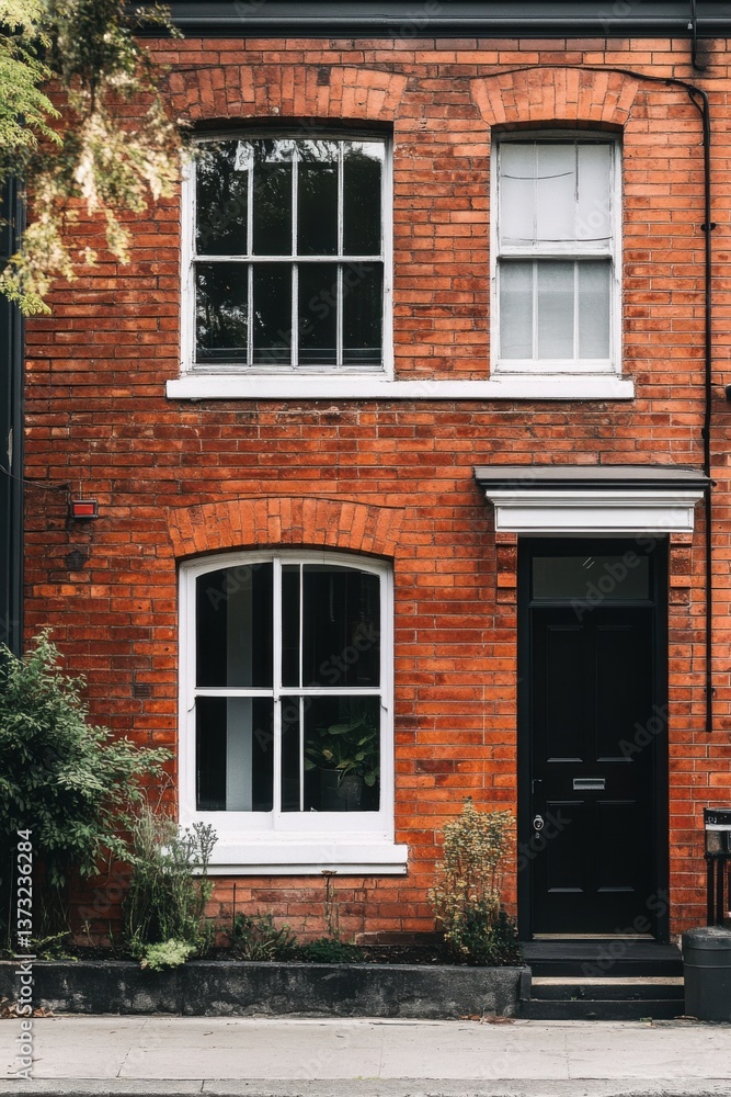 Charming red brick house with classic windows and a modern black front door located on a peaceful neighborhood street during daylight hours Charming red brick house with classic windows and a modern black front door located on a peaceful neighborhood street during daylight hours