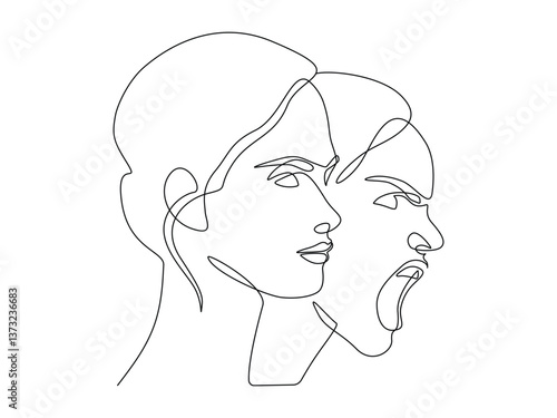Calm and angry screaming woman in continuous one line drawing. Stress and anger person behind apparent calmness in simple linear style. Mental health and illness concept. Doodle vector illustration