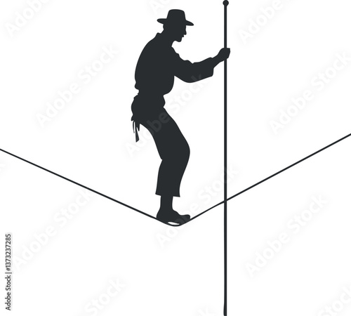 Silhouette of a tightrope walker balancing with a pole, perfect for circus themes.