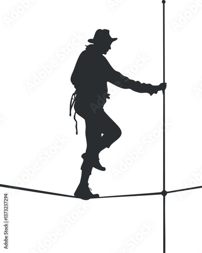 Silhouette of tightrope walker balancing on rope, symbolizing adventure and skill.