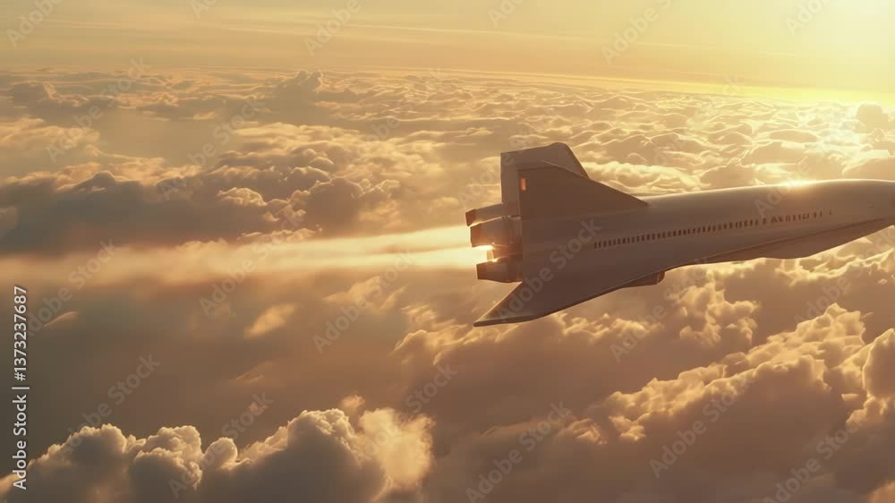 Sleek spaceplane gliding above cloud layers during golden sunset, powerful engines leaving dramatic contrails against luminous sky horizon