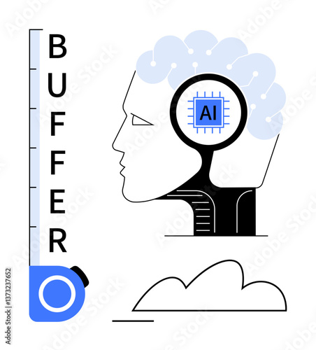 Human head with AI chip and neural connections, buffer progress gauge, cloud platform. Ideal for technology, AI, innovation, data processing, cloud computing machine learning digital future. Flat