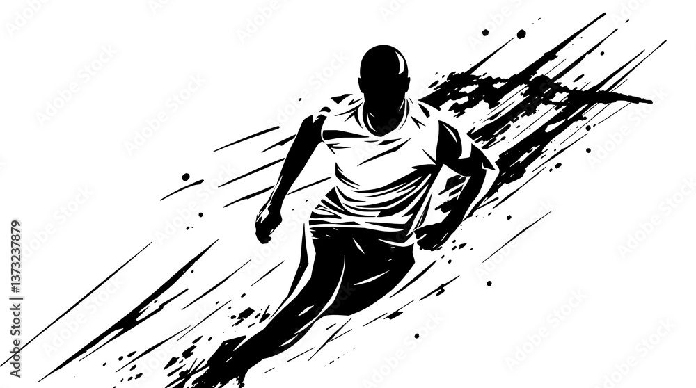 Fototapeta premium sketch-style black and white soccer player running with motion trails