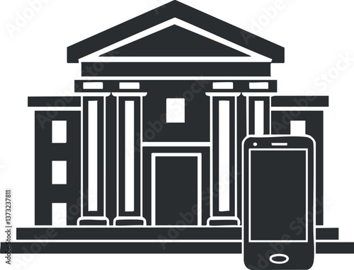 Vector illustration of a bank building with a smartphone for online banking apps.