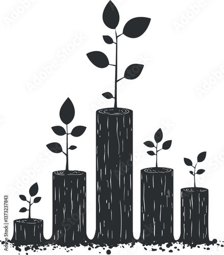 Silhouette of tree stumps with growing saplings symbolizing regeneration and environmental growth.
