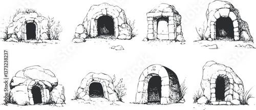 Set of vintage cave entrance illustrations for historical or archaeological themes.