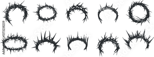 Set of black thorn crown vector illustrations for religious and decorative designs.