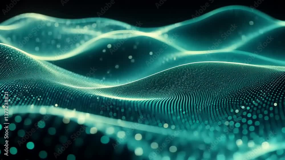 Abstract representation of flowing waves with luminous particles in a dark background, creating a serene atmosphere Abstract representation of flowing waves with luminous particles in a dark background, creating a serene atmosphere