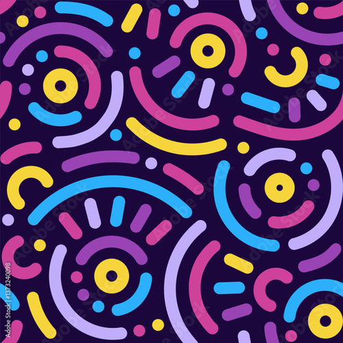 Memphis geometric seamless pattern. Abstract modern background with circles, curves, short rounded lines and dots. Fun kid doodle design element for cover, poster, banner, label, textile, wrapping.	