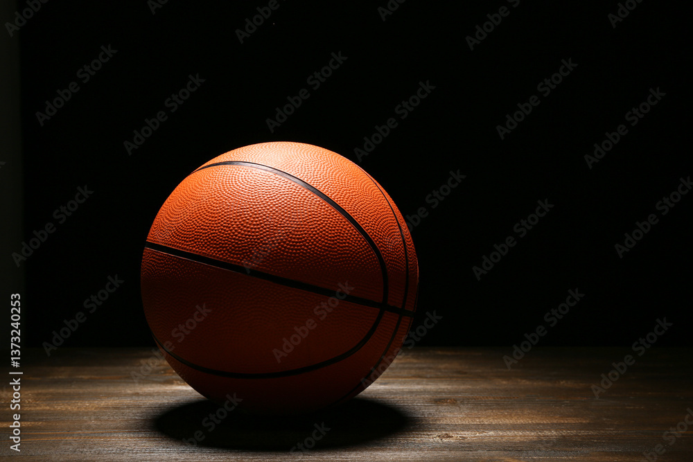 Obraz premium Ball for playing basketball on wooden table against black background