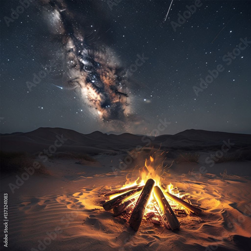 Burning wood in the desert at night and galaxies and stars in the sky