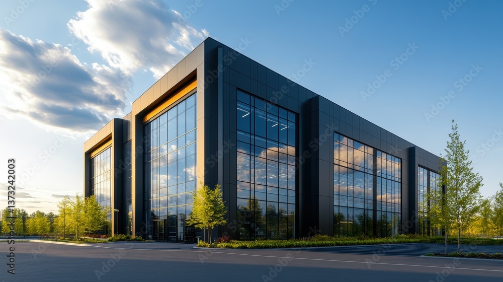 Modern dark office building with expansive glass and gold-toned metal framing standing prominently against a partly cloudy, vibrant sky backdrop Modern dark office building with expansive glass and gold-toned metal framing standing prominently against a partly cloudy, vibrant sky backdrop